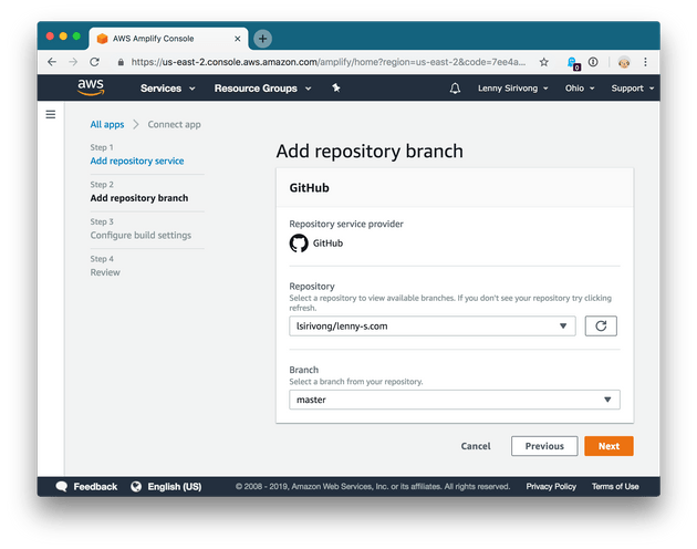 AWS Amplify Screenshot: Adding a Github Repository